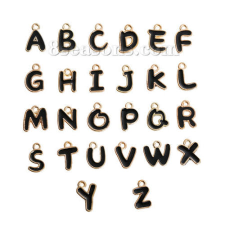 1 Set ( 26 PCs/Set) Zinc Based Alloy Charms Gold Plated Black Capital Alphabet Initial Letter Mixed Message " A-Z " Enamel 13mm x9mm( 4/8" x 3/8") - 12mm x7mm( 4/8" x 2/8")