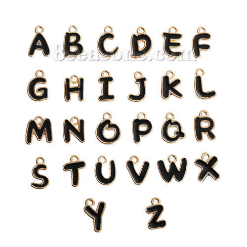 1 セット ( 26 個/セット) 亜鉛合金 チャーム 金メッキ 黒 キャピタルレター ミックス彫刻 文字「 A-Z」 エナメル 13mm x9mm( 4/8" x 3/8") - 12mm x7mm( 4/8" x 2/8") の画像