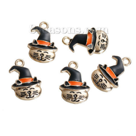 Zinc Based Alloy Halloween Charms Cat Animal Gold Plated Black Hat Enamel 24mm(1") x 15mm( 5/8"), 5 PCs