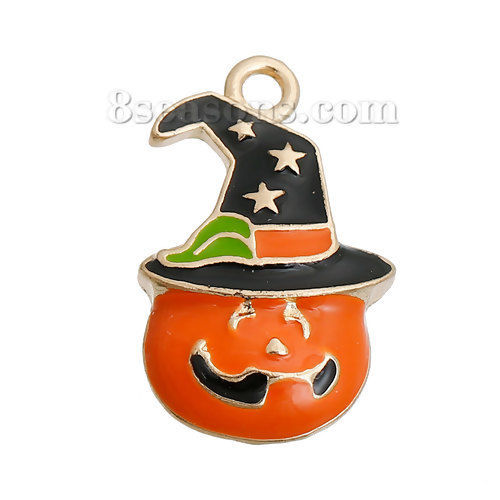 Image de Breloque Halloween en Alliage de Zinc Citrouille Chapeau Email Doré Orange 27mm x 17mm, 3 Pcs