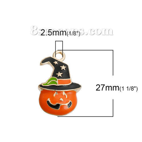 Image de Breloque Halloween en Alliage de Zinc Citrouille Chapeau Email Doré Orange 27mm x 17mm, 3 Pcs