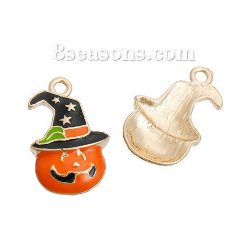 Image de Breloque Halloween en Alliage de Zinc Citrouille Chapeau Email Doré Orange 27mm x 17mm, 3 Pcs