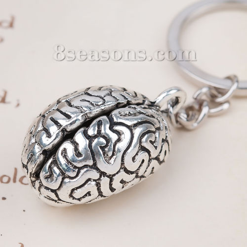 Picture of 3D Keychain & Keyring Anatomical Human Cerebrum Brain Antique Silver Color 8.7cm, 1 Piece