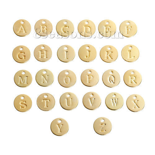 Picture of Zinc Based Alloy Charms Round Gold Plated Mixed Initial Alphabet/ Letter " A-Z " 12mm( 4/8") Dia, 26 PCs