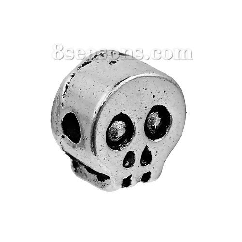 Picture of Zinc Based Alloy Halloween Spacer Beads Skull Antique Silver Color 7mm x 7mm, Hole: Approx 1.7mm, 20 PCs