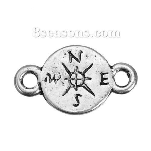 Picture of Zinc Based Alloy Connectors Findings Round Antique Silver Color Travel Compass Carved 17mm x 10mm, 20 PCs