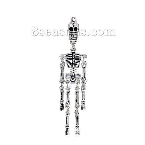 Bild von Halloween Zinklegierung Anhänger Skelett Schädel Antiksilber 97mm x 22mm, 2 Stücke