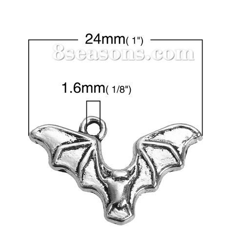 Imagen de Zamak Halloween Colgantes Charms Halloween Murciélago Plata Antigua Hueco 24mm x 15mm, 50 Unidades