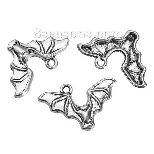 Imagen de Zamak Halloween Colgantes Charms Halloween Murciélago Plata Antigua Hueco 24mm x 15mm, 50 Unidades