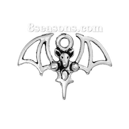 Picture of Zinc Based Alloy Halloween Charms Bat Animal Antique Silver Color 21mm( 7/8") x 15mm( 5/8"), 20 PCs