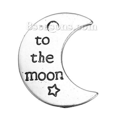 Picture of Zinc Based Alloy Charms Half Moon Antique Silver Color Star Message " To The Moon " Carved 25mm(1") x 20mm( 6/8"), 10 PCs