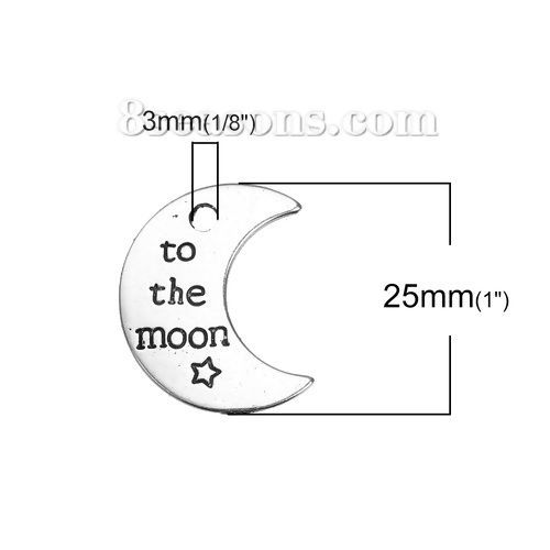 Picture of Zinc Based Alloy Charms Half Moon Antique Silver Color Star Message " To The Moon " Carved 25mm(1") x 20mm( 6/8"), 10 PCs