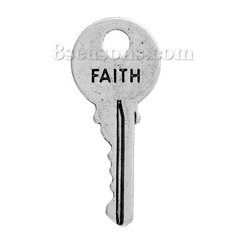Bild von Zinklegierung Charms Schlüssel Antiksilber Message " FAITH " 25mm x 11mm, 20 Stück