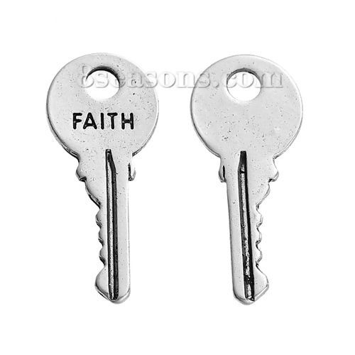 Picture of Zinc Based Alloy Charms Key Antique Silver Color Message " Faith " Carved 25mm(1") x 11mm( 3/8"), 20 PCs