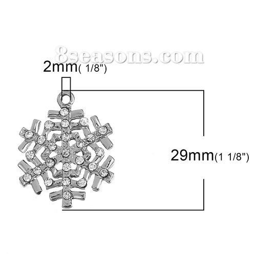 Picture of Zinc Based Alloy Charms Christmas Snowflake Silver Tone Clear Rhinestone 29mm(1 1/8") x 24mm(1"), 3 PCs