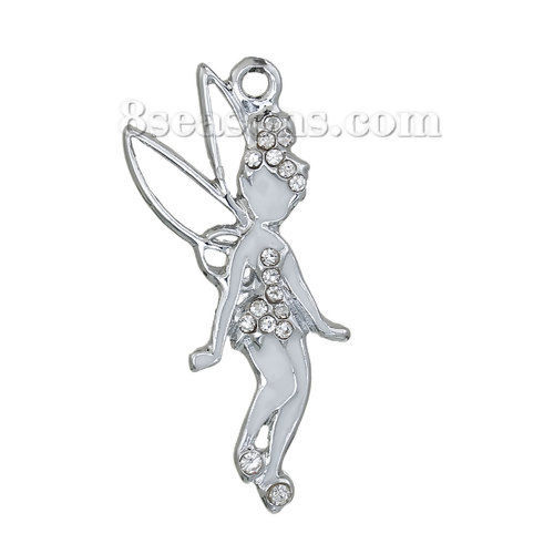 Image de Pendentif en Alliage de Zinc Fée Argent Mat Email Blanc à Strass Transparent 37mm x 17mm, 3 Pcs