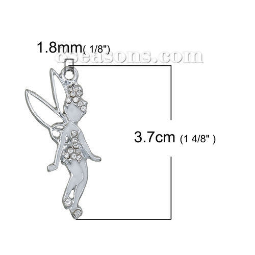 Image de Pendentif en Alliage de Zinc Fée Argent Mat Email Blanc à Strass Transparent 37mm x 17mm, 3 Pcs