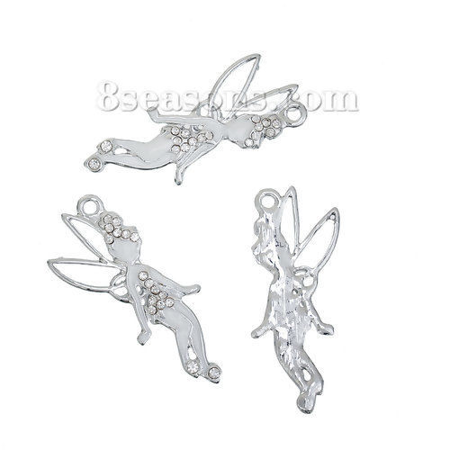 Image de Pendentif en Alliage de Zinc Fée Argent Mat Email Blanc à Strass Transparent 37mm x 17mm, 3 Pcs