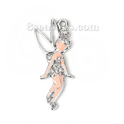 Image de Pendentif en Alliage de Zinc Fée Argent Mat Email Blanc à Strass Transparent 37mm x 17mm, 3 Pcs
