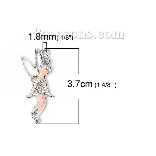 Image de Pendentif en Alliage de Zinc Fée Argent Mat Email Blanc à Strass Transparent 37mm x 17mm, 3 Pcs