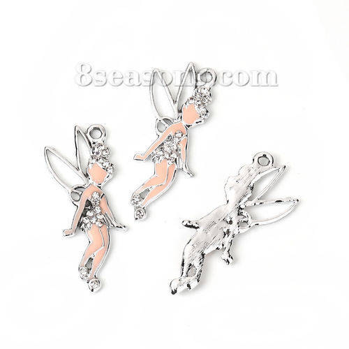Image de Pendentif en Alliage de Zinc Fée Argent Mat Email Blanc à Strass Transparent 37mm x 17mm, 3 Pcs