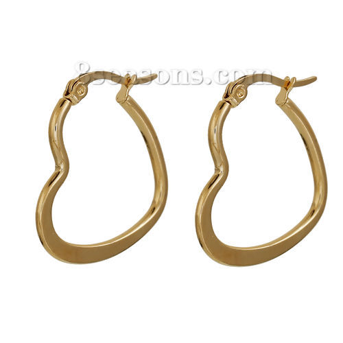 Picture of 304 Stainless Steel Hoop Earrings Gold Plated Heart 29mm(1 1/8") x 23mm( 7/8"), Post/ Wire Size: (20 gauge), 1 Pair