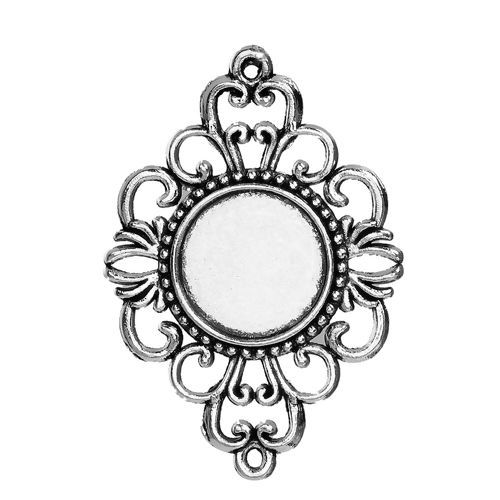 Image de Connecteurs de Bijoux en Alliage de Zinc Losange Argent Vieilli Fleur Creux Gravé (Convenable à Cabochon: 18mm) 52mm x 36mm, 5 Pcs