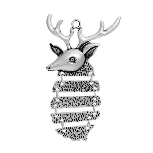 Picture of Zinc Based Alloy Pendants Christmas Reindeer Antique Silver Color 73mm(2 7/8") x 44mm(1 6/8"), 2 PCs