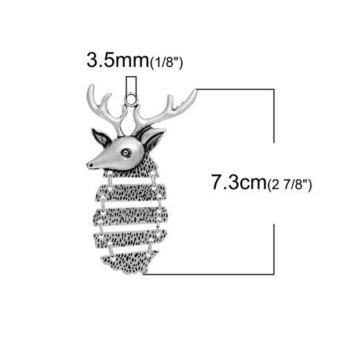 Picture of Zinc Based Alloy Pendants Christmas Reindeer Antique Silver Color 73mm(2 7/8") x 44mm(1 6/8"), 2 PCs