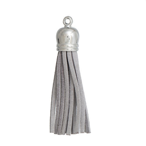 Image de Pendentifs en Polyester Franges Pompons Glands Argent Mat Gris Env. 59mm x 12mm, 10 Pcs