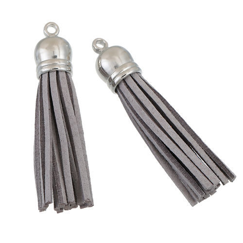 Image de Pendentifs en Polyester Franges Pompons Glands Argent Mat Gris Env. 59mm x 12mm, 10 Pcs