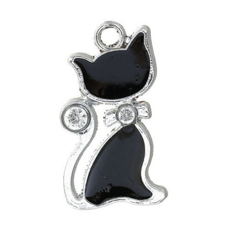 Picture of Zinc Based Alloy Halloween Charms Cat Animal Silver Tone Clear Rhinestone Black Enamel 29mm(1 1/8") x 16mm( 5/8"), 5 PCs
