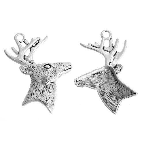 Picture of Zinc Based Alloy Pendants Christmas Reindeer Antique Silver Color 60mm(2 3/8") x 40mm(1 5/8"), 5 PCs