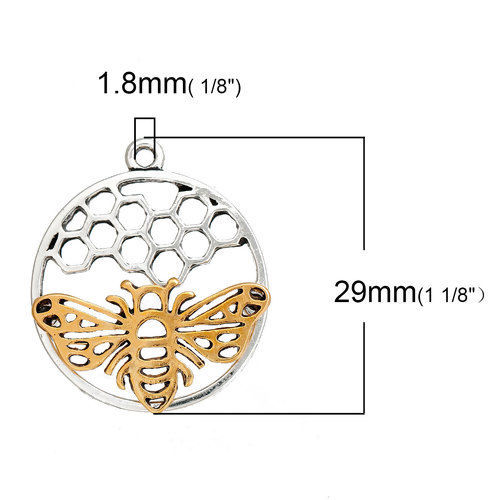 Immagine di Lega di Zinco Insetto Charms alveare Oro Antico & Argento Antico Doppio Colore Ape Filigrana 29mm x 25mm , 5 Pz