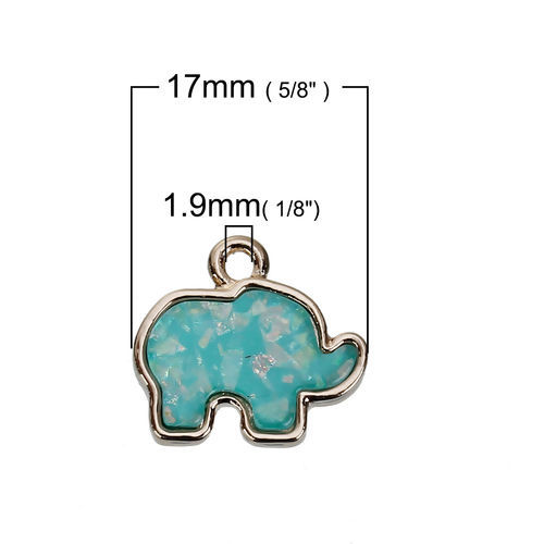 Picture of Zinc Based Alloy Charms Elephant Animal Gold Plated Mint Green Imitation Opal 17mm( 5/8") x 15mm( 5/8"), 3 PCs