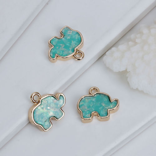 Picture of Zinc Based Alloy Charms Elephant Animal Gold Plated Mint Green Imitation Opal 17mm( 5/8") x 15mm( 5/8"), 3 PCs