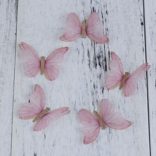Image de Papillon Éthéré Double Couches en Organza Rose Brillant 50mm x 35mm, 2 Pcs