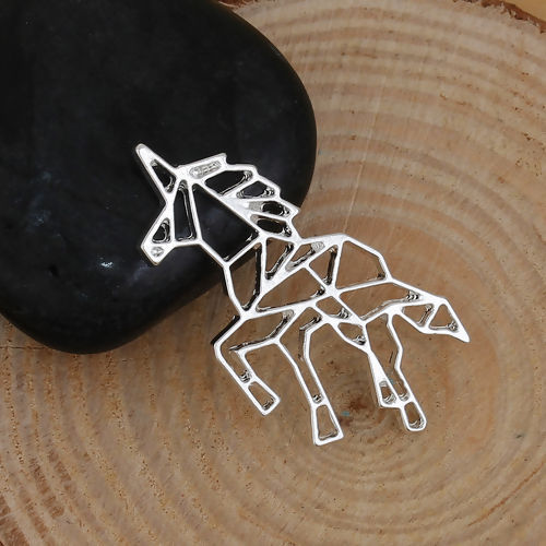 Picture of Zinc Based Alloy Origami Pendants Horse Silver Plated Hollow 30mm(1 1/8") x 30mm(1 1/8"), 5 PCs