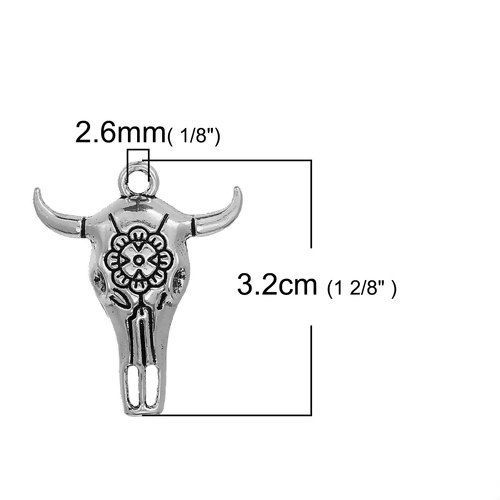 Picture of Zinc Based Alloy Boho Chic Pendants Cow Antique Silver Color Flower 32mm(1 2/8") x 26mm(1"), 10 PCs