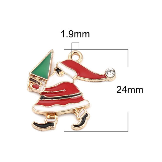 Imagen de Zamak Colgantes Charms Papa Noél Navidad Chapado en Oro Rojo Transparente Rhinestone Esmalte 24mm x 23mm, 5 Unidades