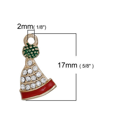 Imagen de Zamak Colgantes Charms Sombreros de la Navidad Chapado en Oro Rojo Transparente Rhinestone Esmalte 17mm x 11mm, 5 Unidades