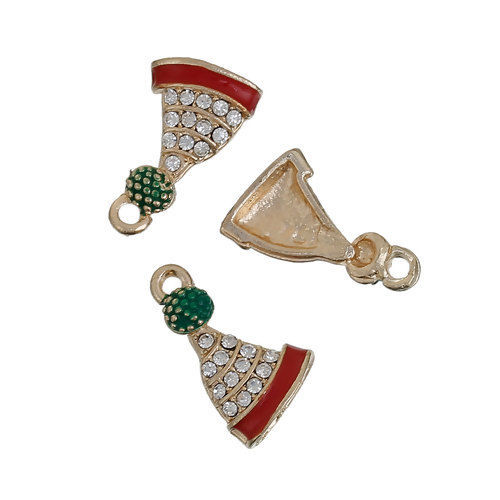 Imagen de Zamak Colgantes Charms Sombreros de la Navidad Chapado en Oro Rojo Transparente Rhinestone Esmalte 17mm x 11mm, 5 Unidades