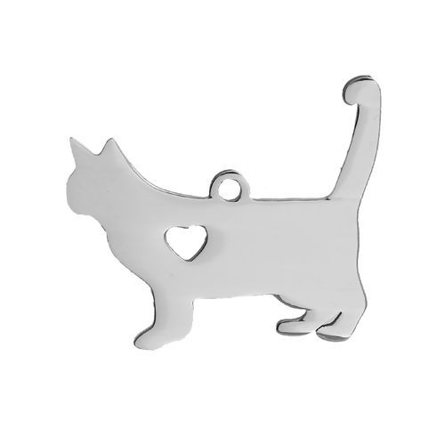 Bild von Haustier Silhouette 304 Edelstahl Charms Katze Silberfarben Herz 29mm x 25mm, 2 Stück