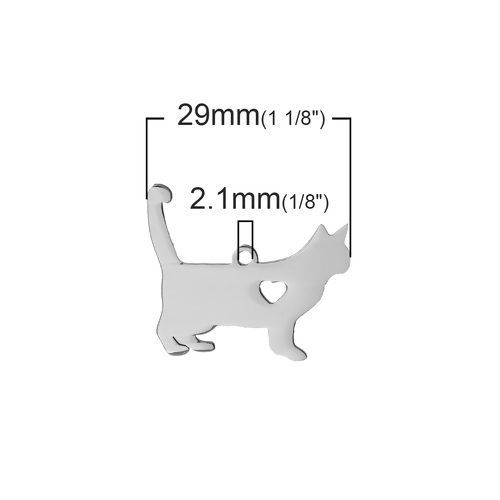 304ステンレス鋼 ペット シルエット チャーム 猫 シルバートーン ハート 29mmx 25mm、 2 個 の画像