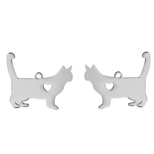Bild von Haustier Silhouette 304 Edelstahl Charms Katze Silberfarben Herz 29mm x 25mm, 2 Stück