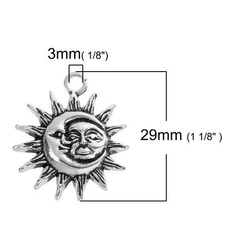 Image de Breloque en Alliage de Zinc Soleil Soleil et Lune avec Visage Argent Vieilli 29mm x 24mm, 5 Pcs