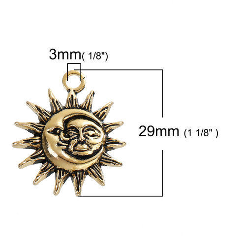 Immagine di Lega di Zinco Charms Sole Oro Antico Sole e Luna Faccia 29mm x 25mm , 5 Pz