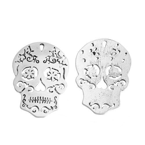 Immagine di Lega di Zinco Charms Zucchero Cranio Tono Argento Filigrana 29mm x 20mm , 10 Pz