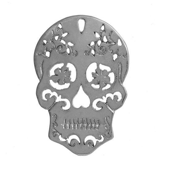 Immagine di Lega di Zinco Charms Zucchero Cranio Tono Argento Filigrana 29mm x 20mm , 10 Pz