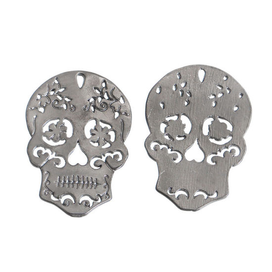 Immagine di Lega di Zinco Charms Zucchero Cranio Tono Argento Filigrana 29mm x 20mm , 10 Pz